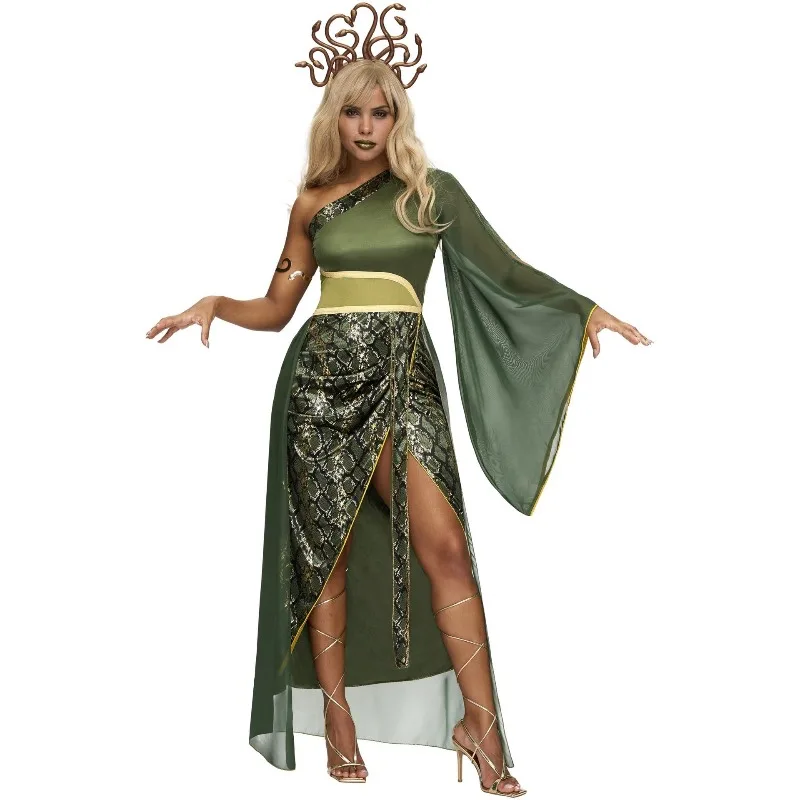 Auf Lager: Grünes One-Shoulder-Maxikleid mit Schlitz, Schlangenmuster, langes Abendkleid für Halloween-Party, Fotoshooting, Bühnenshow, Medusa-Charakter.