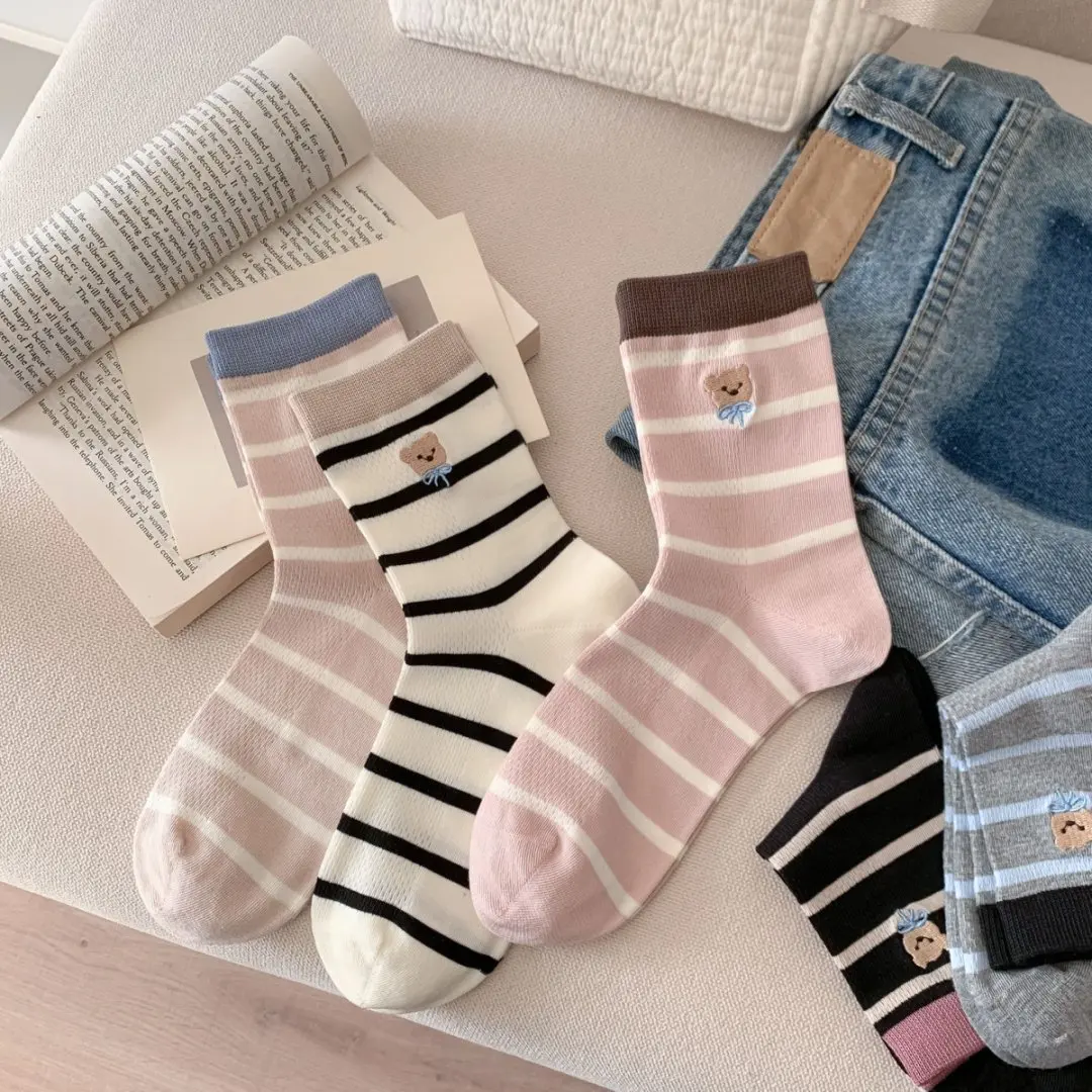 5 paires enfants printemps été nouveaux produits rayures polyvalentes respirant décontracté ours broderie mince mi Tube chaussettes femmes