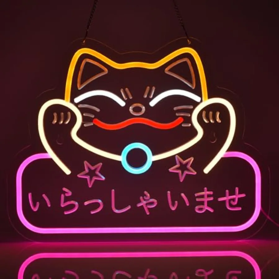 Japanese Welcome Neon Sign Fortune Cat Wall Decor Dimmable Led Neon Lights Japanese Style Welcome Neon Billboard for Restaurant