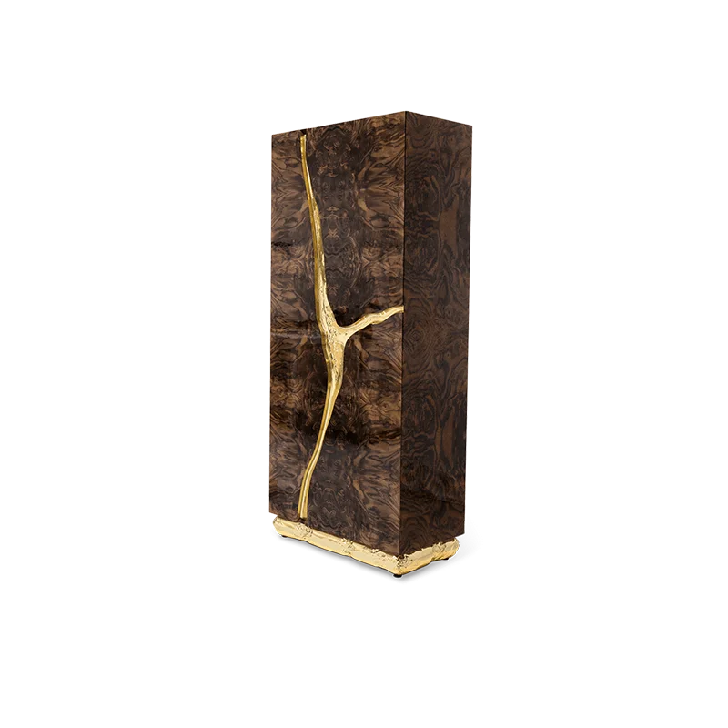 Walnut Veneer Side Cabinet Gold Inlay Decor Storage Furniture For Home Living Space