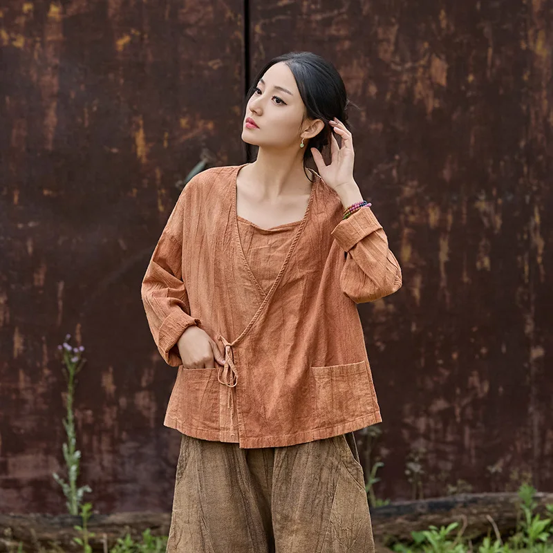 

Original Ramie Top: Handmade Tie-Dye, Asymmetrical Tie-Front, Zen Style Retro Cardigan.