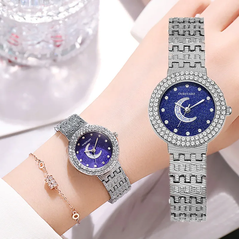 Fashion Design Moon Watch Women Blue Watches Luxury Diamond Silver Metal Band Quartz Wrist Watches for Women Montre Femme 2022