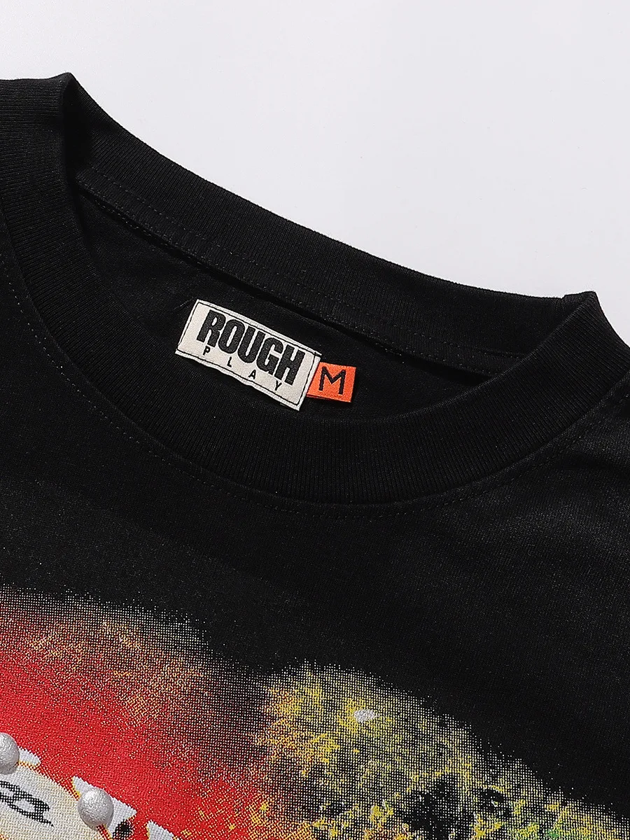 RoughPlay American Hip Hop Style Skeleton Foamed Print Long Sleeve T-Shirt Unisex Vintage Loose Top Trendy Cotton Sweatshirt