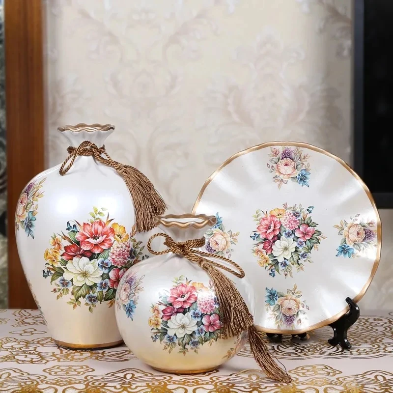 3Pcs/Set Ceramic Vase Stereoscopic dried flowers arrangement wobble plate living room entrance ornaments home decorations