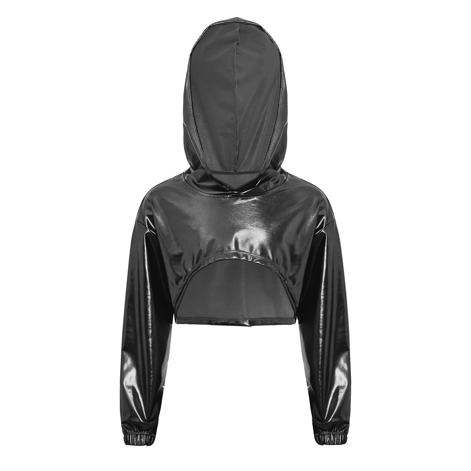 

Kids Girls Modern Dance Hooded Crop Top Hip-Hop Street Dance Shirts Performance Costume Metallic Hoodie Long Sleeve Shirts