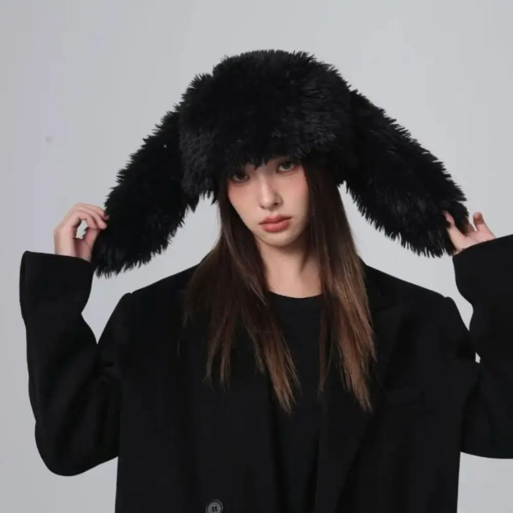 Korea Design Lovely Big Rabbit Ears Plush Beanie Hat Women Autumn and Winter Warm Protective Ear Novelty Knitted Cold Hat Wigs