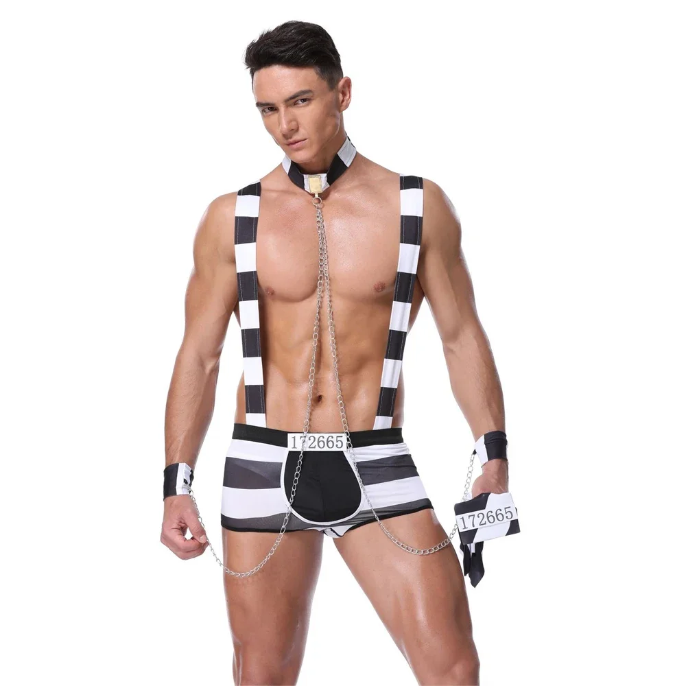 

Cosplay Sexy Convict Criminal Zombie Black White Stripe Prisoner Costume For Men