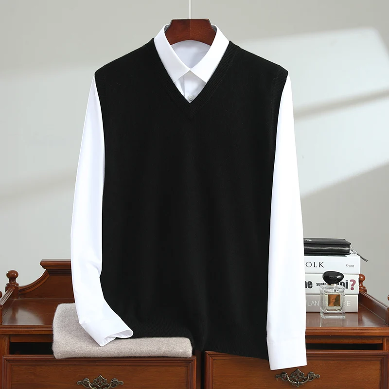 

MVLYFLRT Men's V-neck Sleeveless 100% Cashmere Vest Casual Business Pullover Versatile Shoulder Design for Autumn Winter