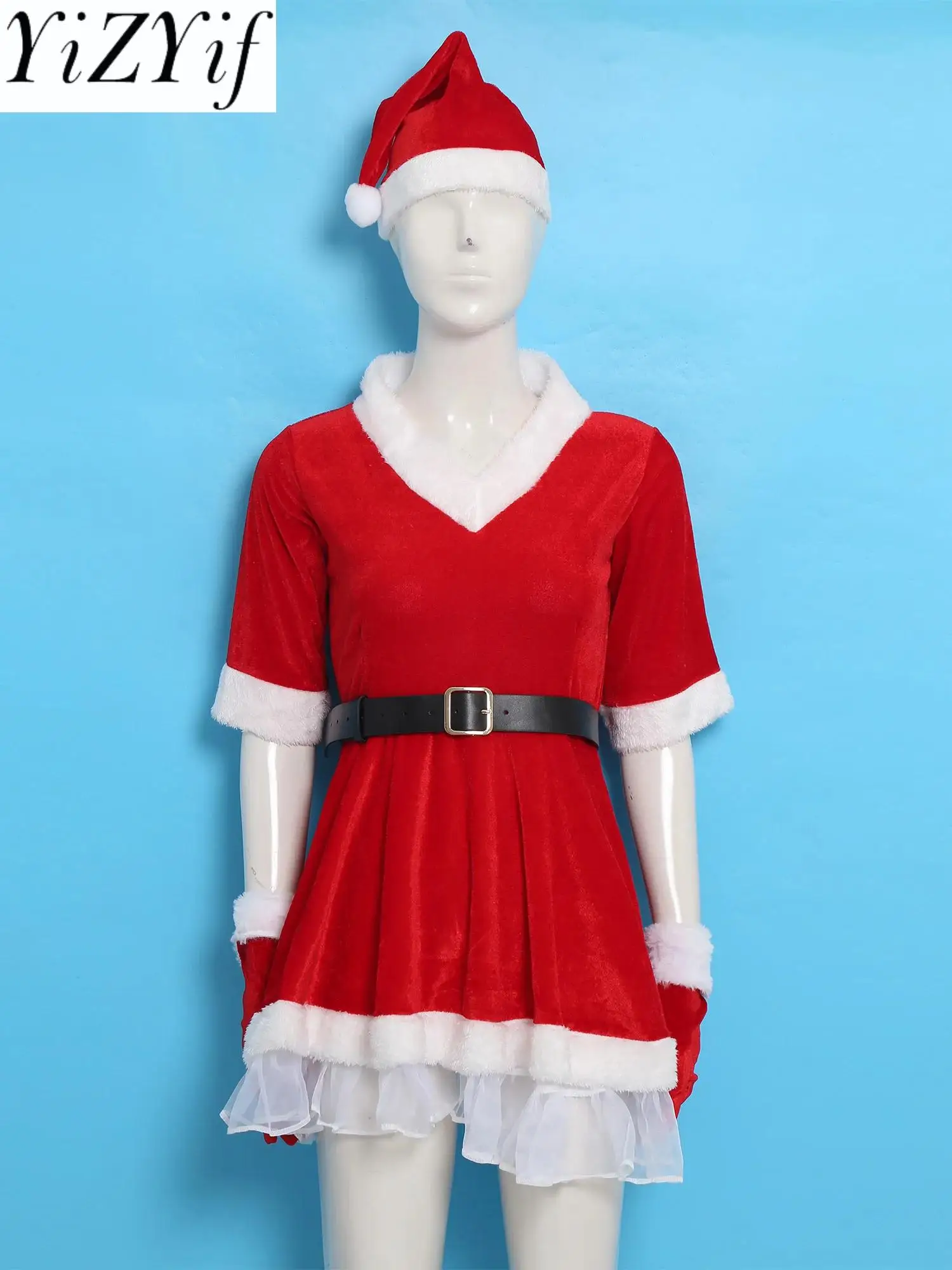 Navidad Santa Claus Cosplay vestir mujeres adultas de manga larga vestido de terciopelo rojo cinturón sombrero guantes conjunto para vacaciones de Navidad