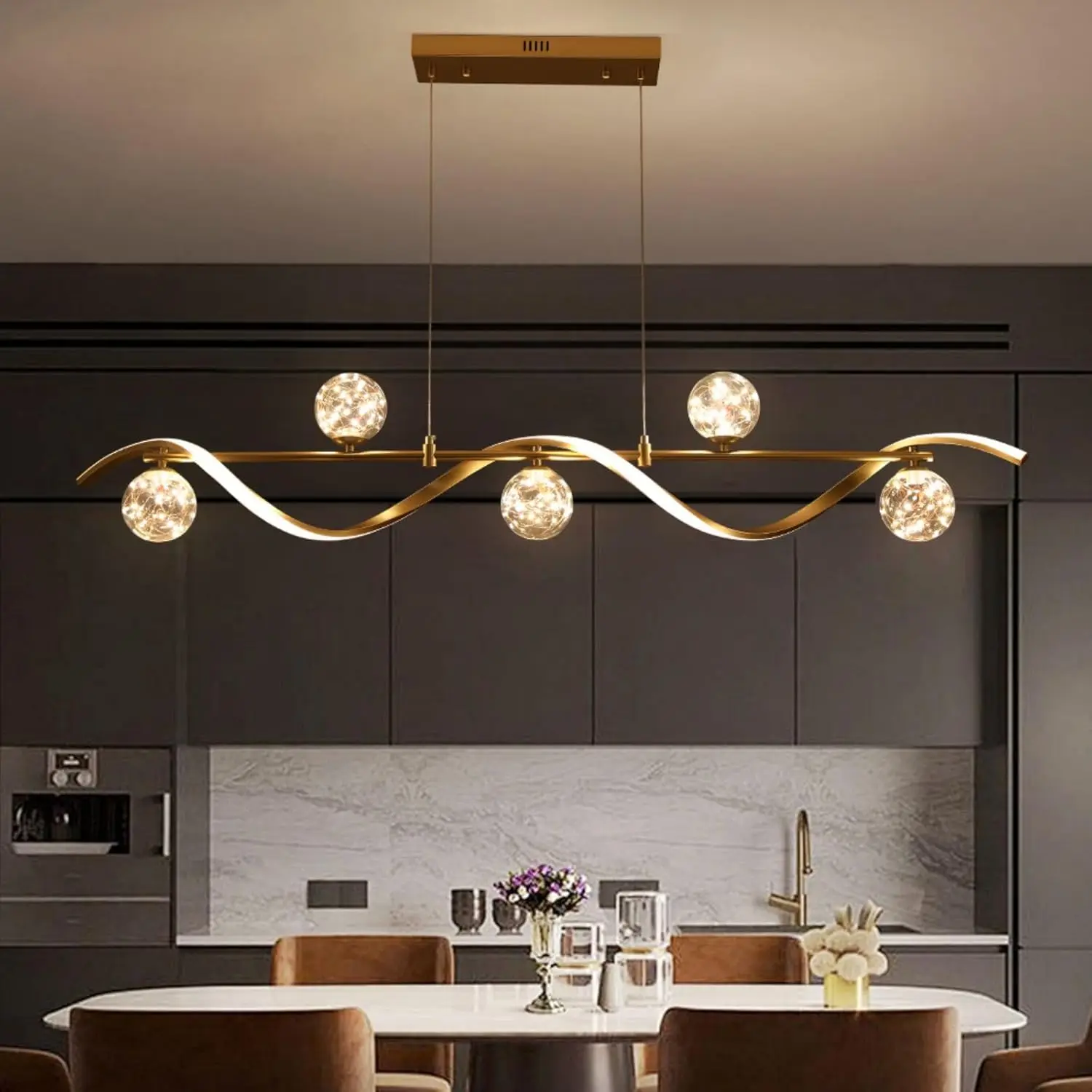 

Gold Kitchen Island Pendant Light Dimmable Linear Adjustable Height Dining Room Bar Table Fixture, Customized