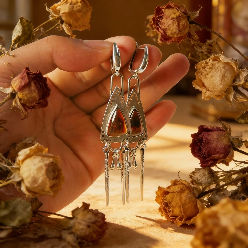 Vintage Bohemian Ethnic Style Triangular Amber Stone Tassel Earrings for Women with Vintage Silver Alloy Inlay Suitable