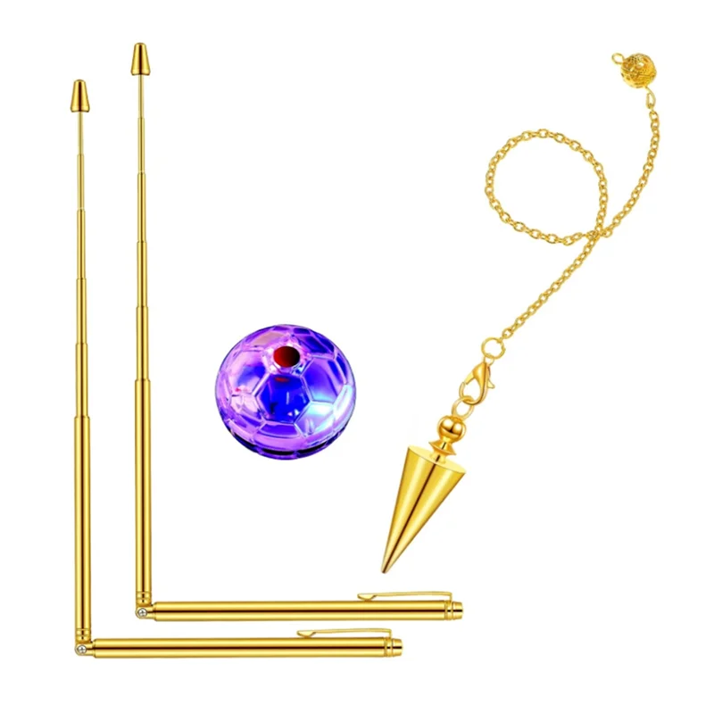 ABLU-4 peças hastes de radiestesia conjunto de cobre em forma de caneta hastes de espírito de ouro hastes de adivinhação de água com luz led bola de gato ouro