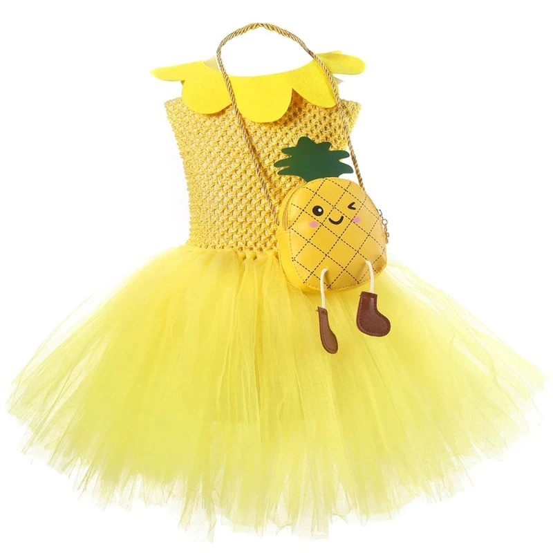 Baby Girls Yellow Pineapple Tutu Dress for Kids Chicken Cosplay Outfit with Crown Bag Children Fruit Birthday Party Costumes