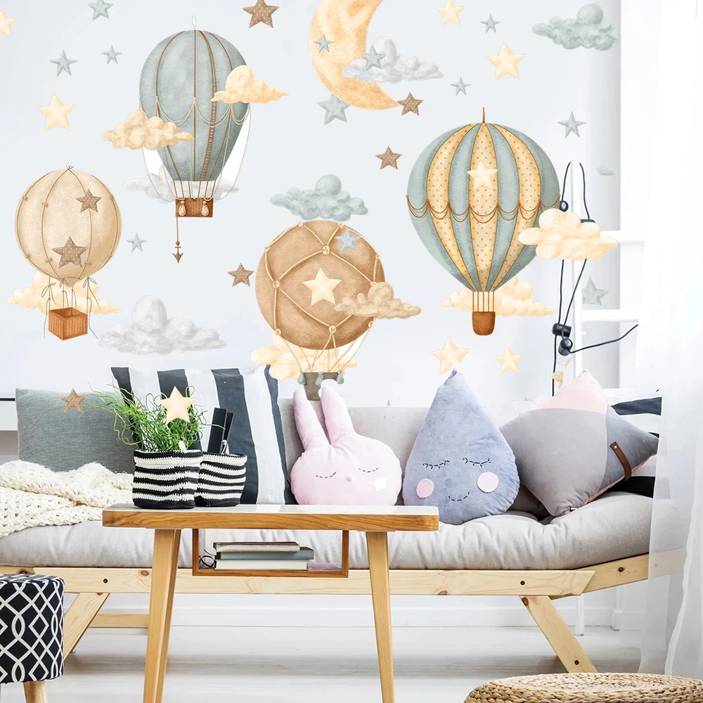 Large Hot Air Balloons Moon Cloud Wall Sticker Baby Nursery Kids Room Watercolor Vintage Air Balloons Star Moon Wall Decal Decor