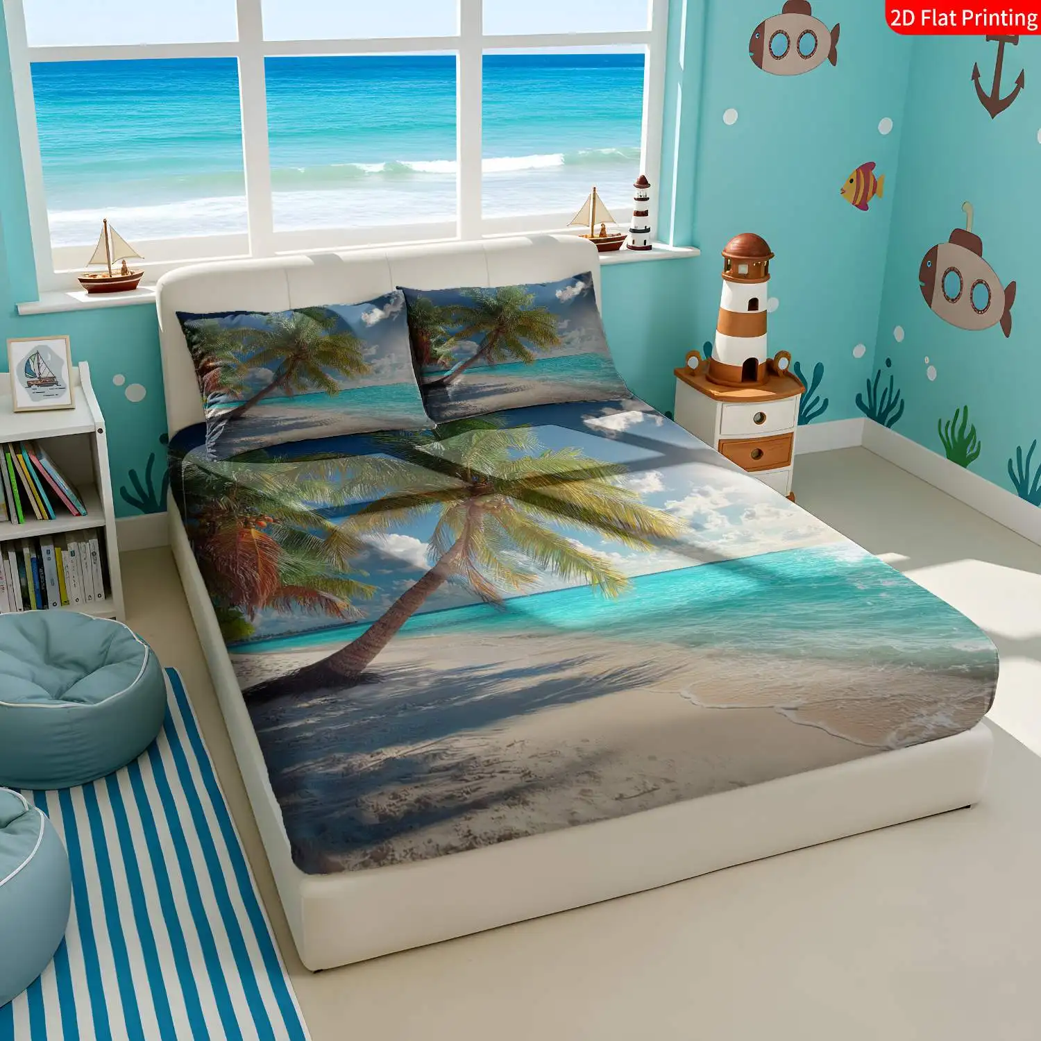 3-Piece Mattress Protector Set, Tropical Beach Themed Bedding with Turquoise, White Palm Trees, and Ocean Prints, Includes Fitted Sheet and Pillowcases. Machine Washable Bed Cover, 2D Flat Print Mattress Protector, Stain-Resistant, Cozy, Mattress Cover Suitable for All Seasons, Easy to Care For, Suitable for Home Bedrooms, Essential for Dorms and Rentals, Master Bedroom and Guest Room Decoration, Dust-Proof and Stain-Resistant, High Elasticity, Fits Various Sizes