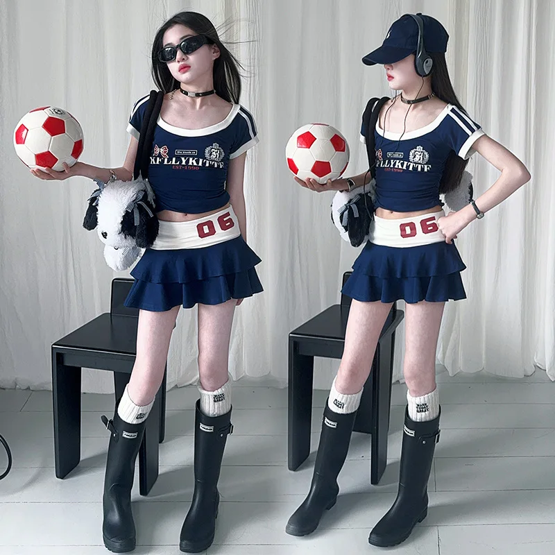

2025 Summer Girls Suit Child set Cloth navy SHORT tennis t-shirt crop top and bottom skirt Teenager Tracksuit Kids 8 10 12 year