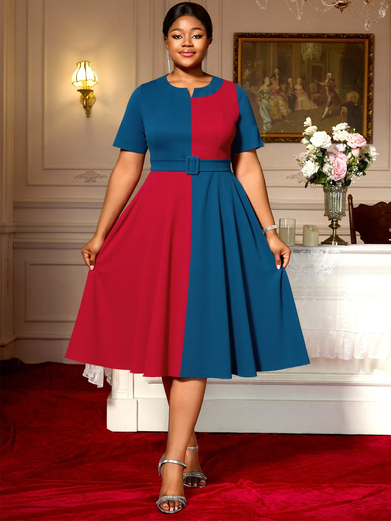 

plus Size Women's Short-Sleeved Dress Red Blue Color Contrast round Neck Elegant Retro A-Line Party Dress