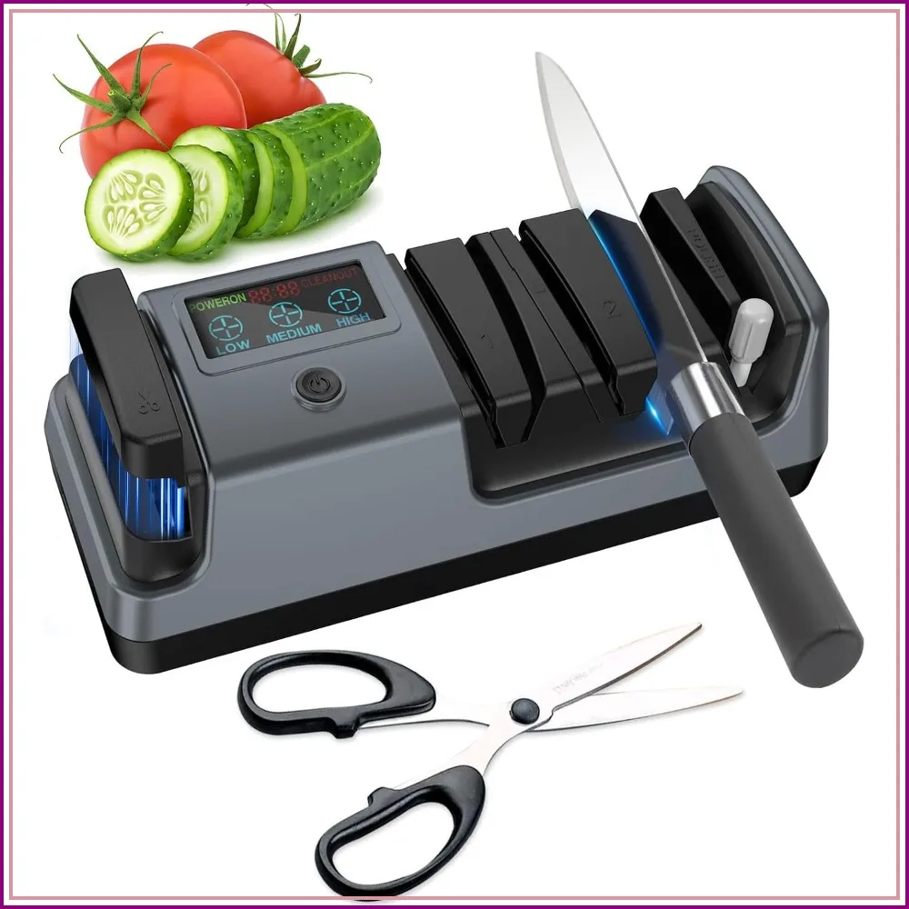 Afilador de Cuchillos Eléctrico 5 en 1, Abrasivo de Diamante de 3 Etapas, Pantalla LCD, Velocidad Ajustable, Afilado Rápido para Todos los Cuchillos de Cocina y Tijeras