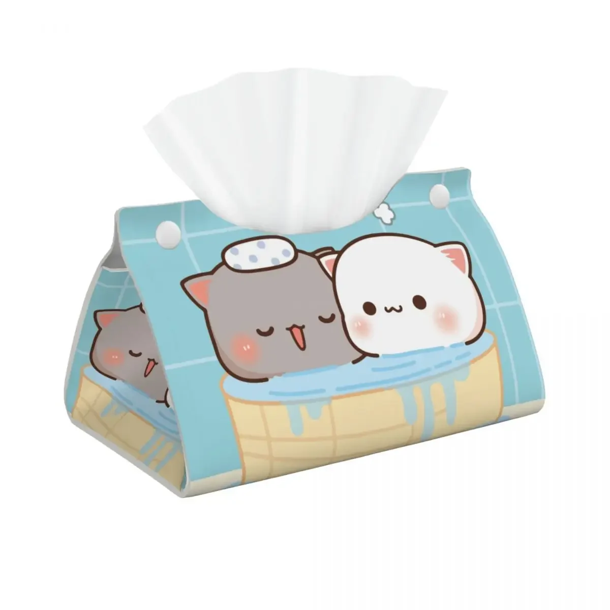 Custom Peach And Goma Mochi Bathing Tissue Box Holder Rectangular Cute Cat PU Leather Facial Tissue Box Cover for Car Home