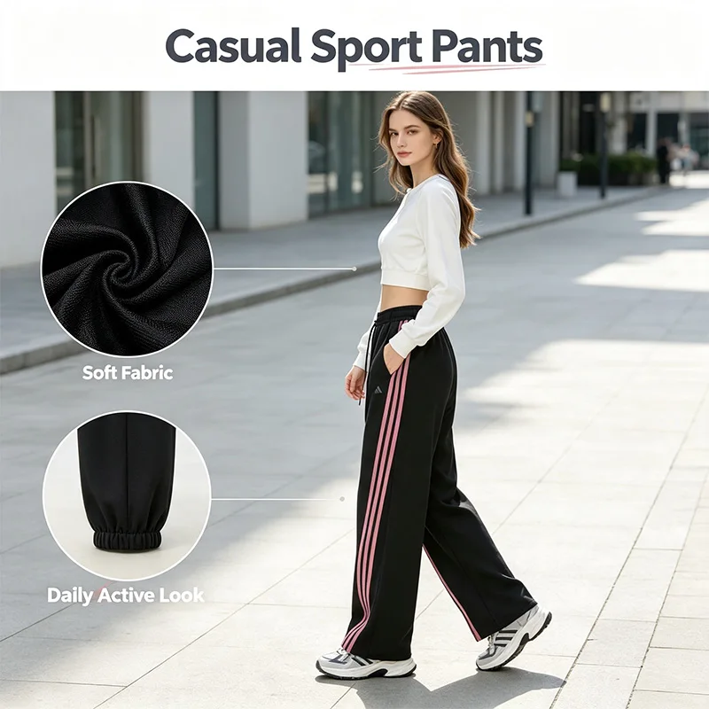 Adidas Black Track Pants Women Side Stripe Soft Fabric Relaxed Straight Fit Casual Active Sport Pants Ks2897