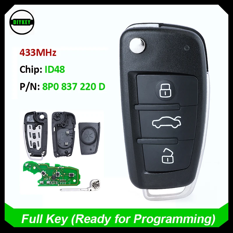 

DIYKEY 8P0 837 220 D, 8P 0837220 D Flip Remote Key Fob 3 кнопки 434 МГц ID48 чип для Audi A1 Q3 A3 TT S3 S1 2004-2014