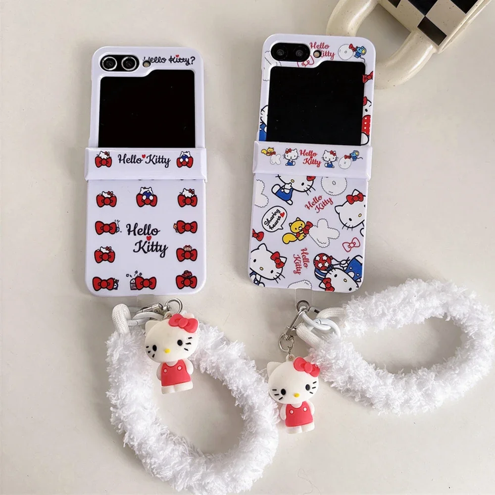 

New Cute Sanrios Hello Kitty With Lanyard Phone Case for Samsung Galaxy Z Flip 3 4 5 6 5G PC Hard Anti-drop Candy Shells Fundas