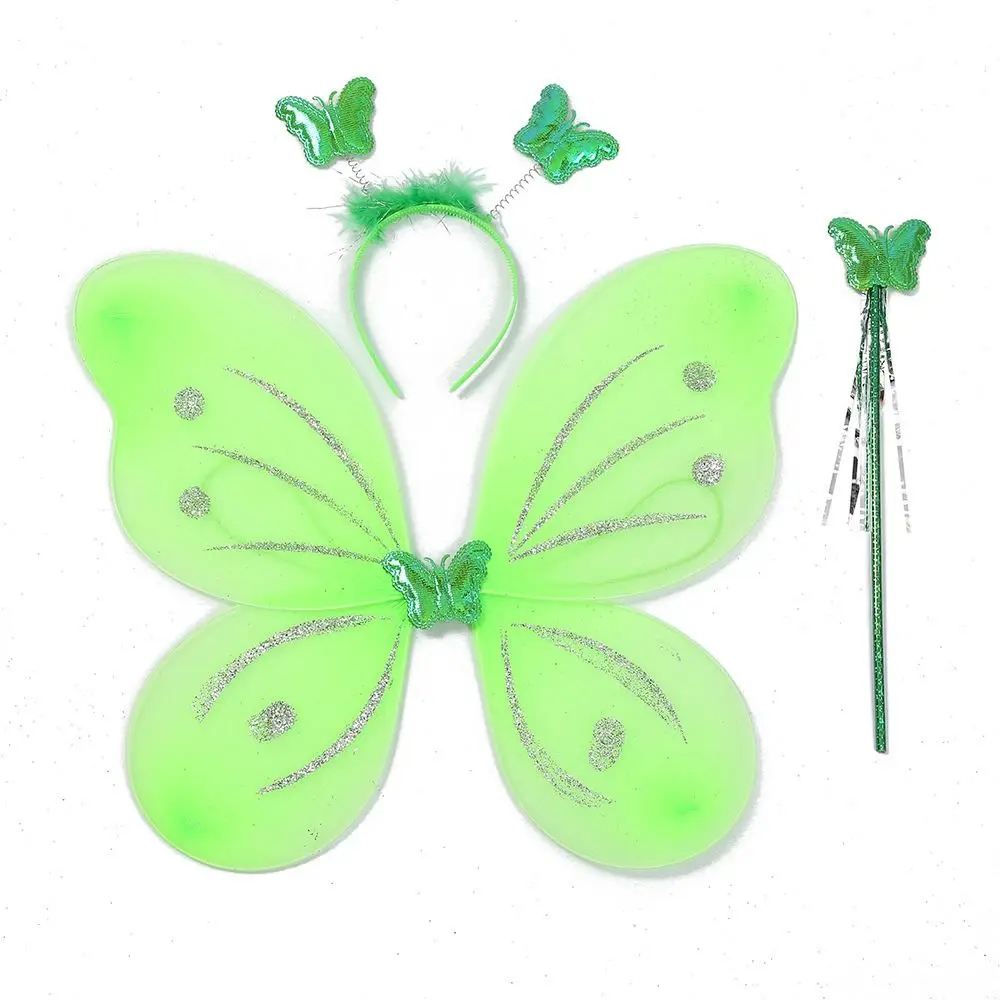 3Pcs/Set Kids Glitter Butterfly Headband Wings Wand Summer Photography Outfit Children Yellow Green Purple Pink Fairy Tale Props