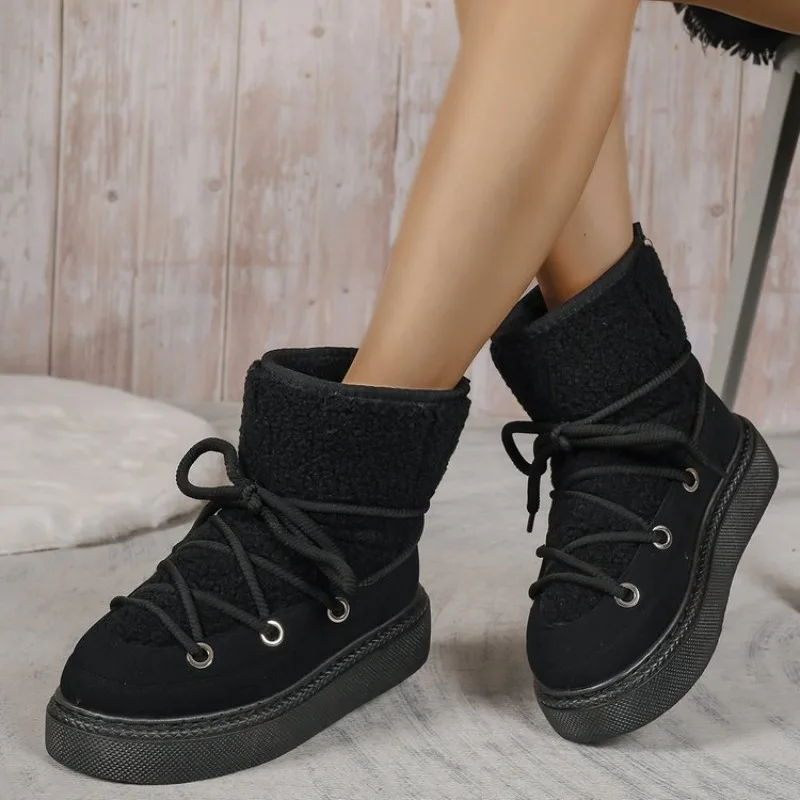 Women Plush Ankle Boots Short Tube Thick Soled Snow Boots 2024 Winter New Lace-up Retro Platform Plush Warm Casual Cotton Boots