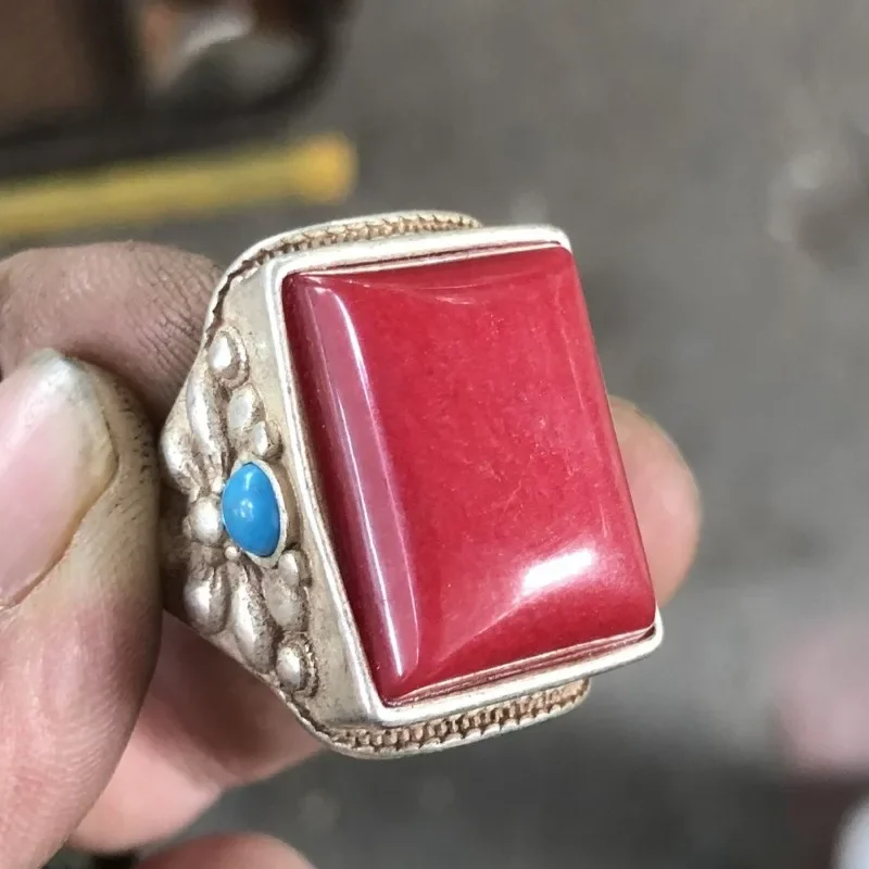 Vintage Qianlong Mark Copper Silver‑Plated Thumb Ring Inlaid Red Coral Gemstone, Adjustable Open Band Unisex Collectible Jewelry
