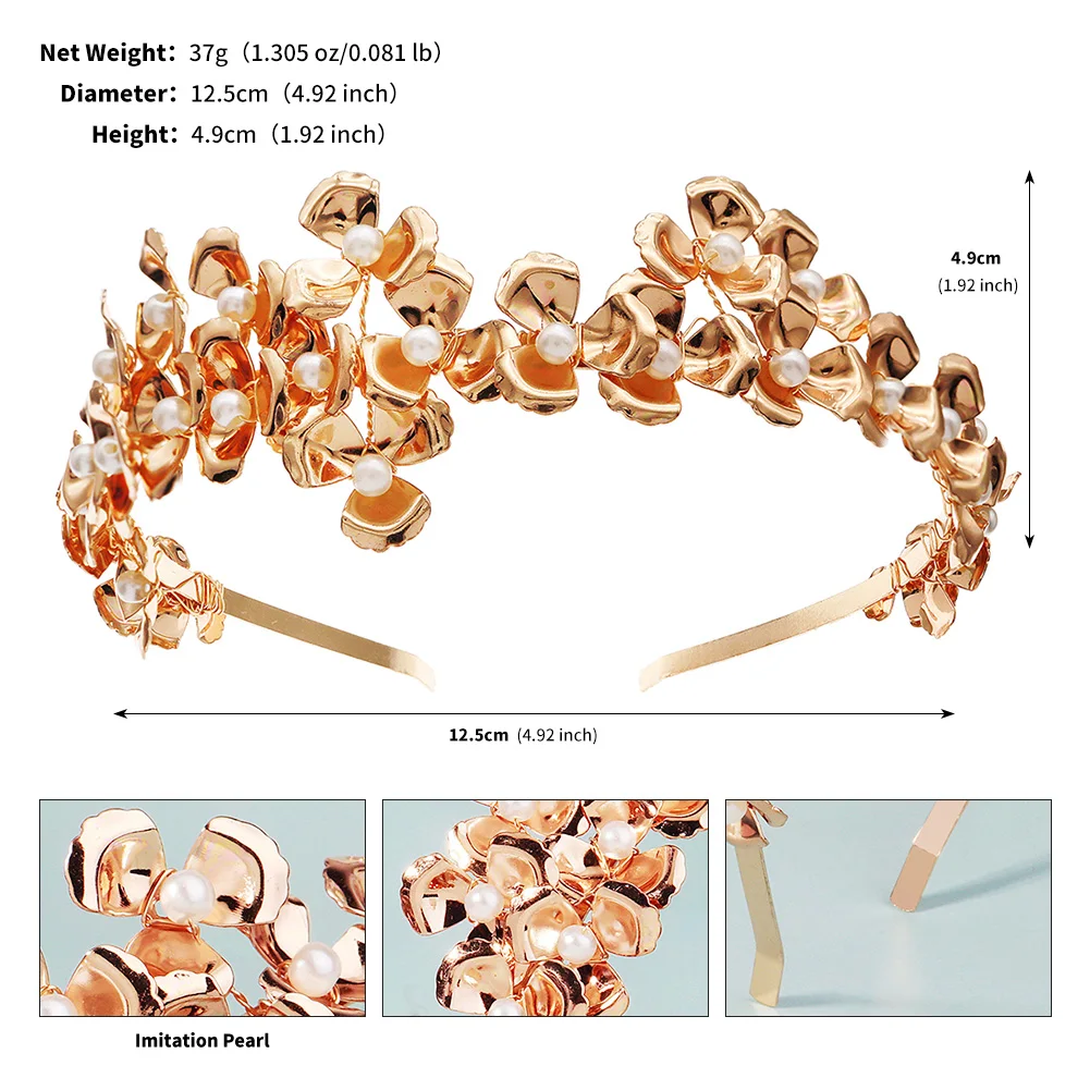 Gloden سبيكة زهرة العروس الزفاف رباط شعر لؤلؤ فاخر الأزهار تيارا أغطية الرأس للنساء أغطية الرأس الفاخرة للحفلات كهدية