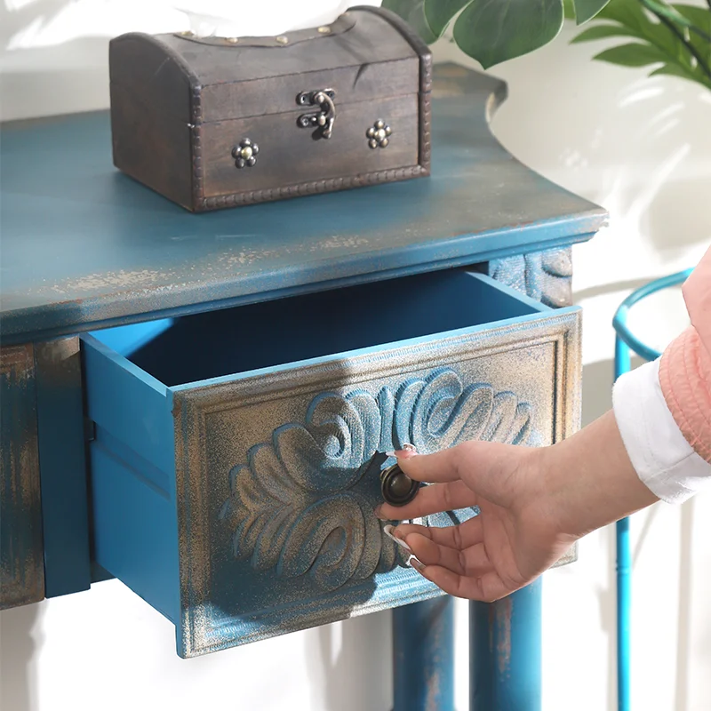 

Semicircle against the wall Entrance Peacock blue old carved side table Entrance entrance table