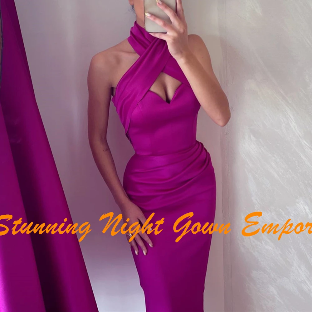 Customized Elegant Halter Sweetheart Pleats Evening Dresses Temperament Sheath Satin Purple Party Gowns فساتين سهره نسائيه فخمة