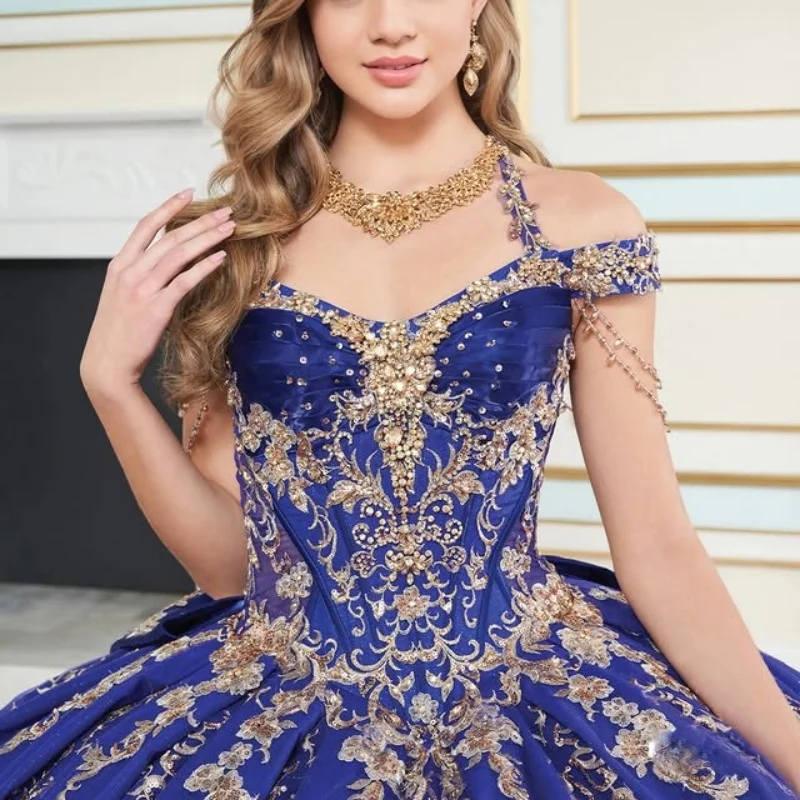 

Shiny royal blue Quinceanera Dress off-shoulder Lace glitter crystal decal Long tail vestidos de 15 Quinceanera ﻿Customize