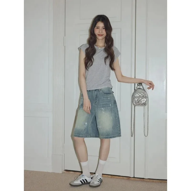 Women American Retro Distressed Splash Ink Denim Shorts Loose Straight Wide Leg Five Point Casual Summer Shorts