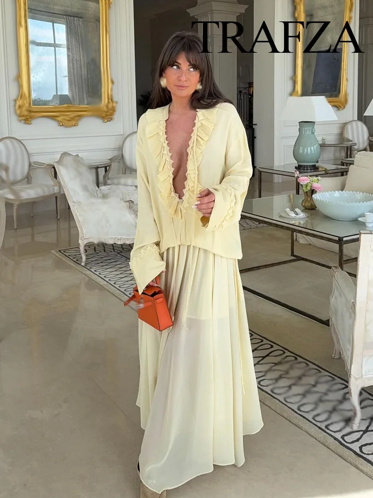 TRAFZA หญิง Elegant ชุดสีเหลืองอ่อน V คอยาวแขนฉัตรตกแต่ง LACE-Up เสื้อ + เอวสูงกระโปรงยาวผู้หญิงชุด