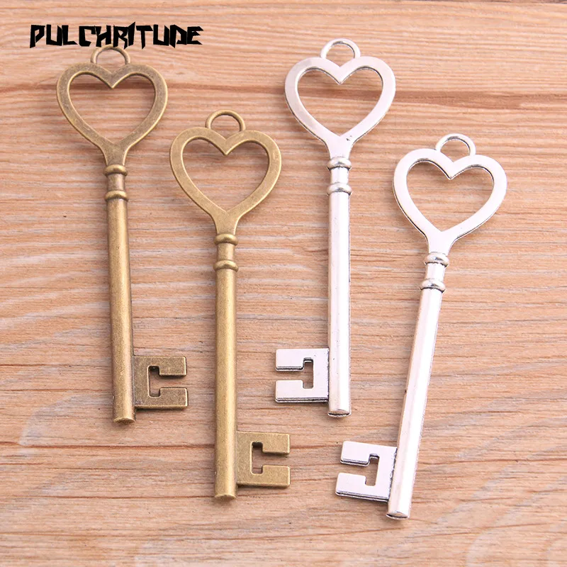 4pcs 31*71mm Two Color Big Heart Key Charms Pendants Handmade Decoration Vintage For DIY Jewelry Making Findings