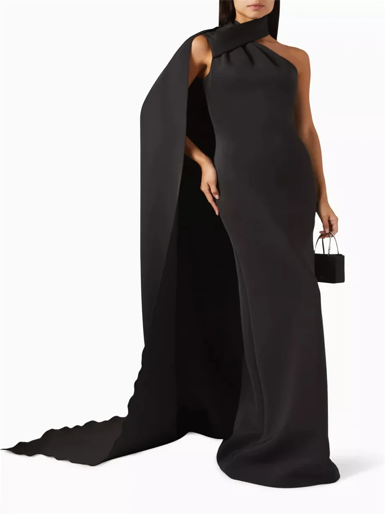 New Arrival One Shoulder Neckline Crepe Straight Evening Dress Elegant Back Zipper Floor Length Sweep Train Gown For Women 2024