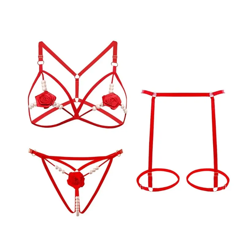 

Sexy Lingerie Women's Lolita Open Sleepwear Pearl Rose Bra Sexy Bodysuit Women Pajama 3Pcs Set Ladies Babydoll Maid Costume