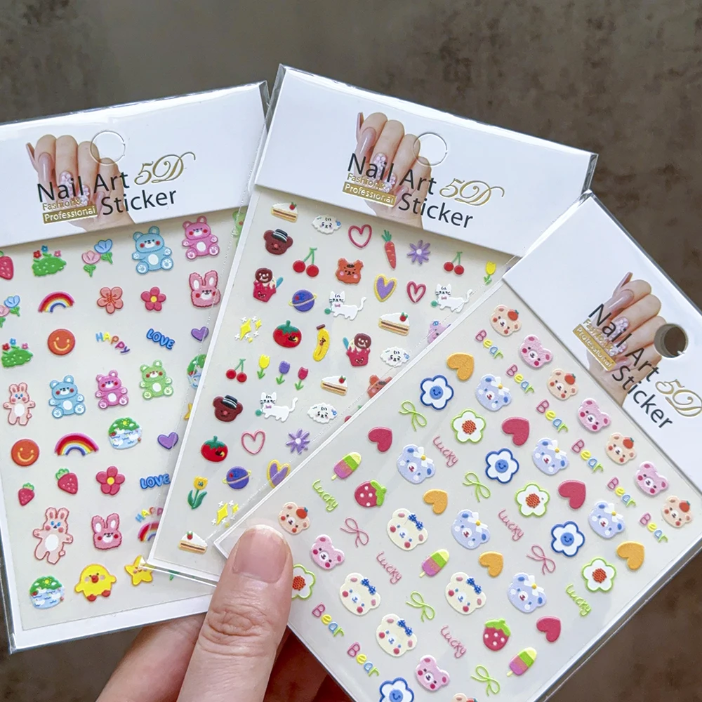 1 pçs dos desenhos animados urso flor arte do prego adesivos colorido morango cereja doce decalques de unhas para crianças auto adesivo decoração do prego slider