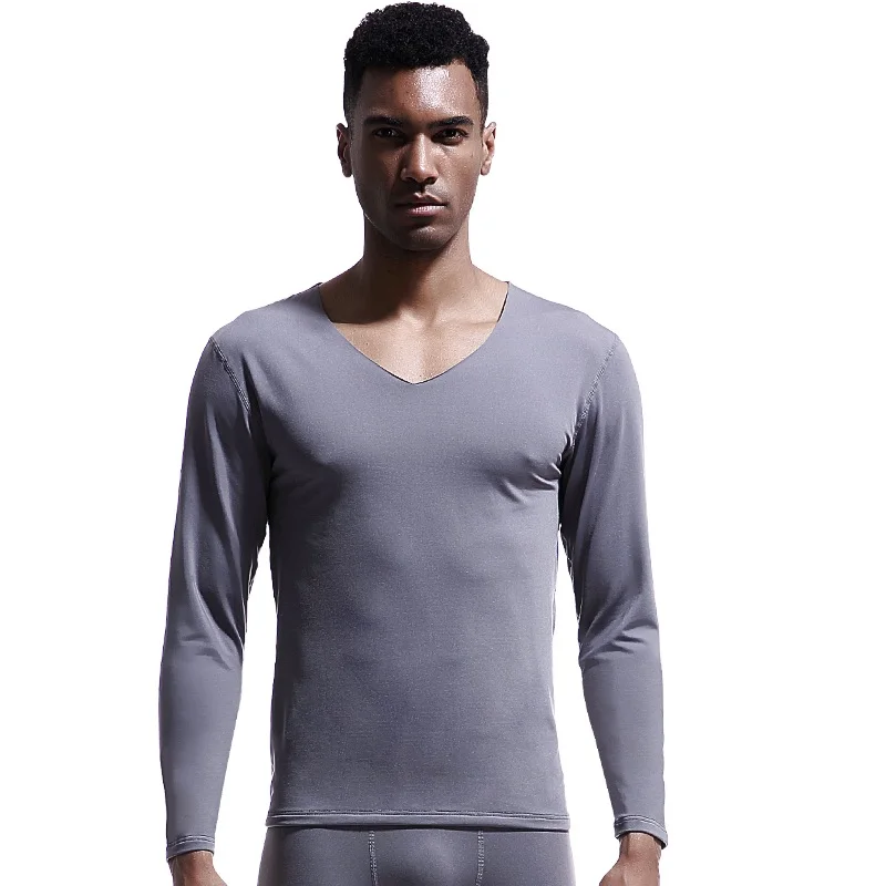 Nahtloses Thermo-Unterhemd für Herren, V-Ausschnitt, Winterwärme, mit Fleece gefüttert, eng anliegend, dünne Basisschicht, Herbsthemd, Baumwoll-Unterhemd