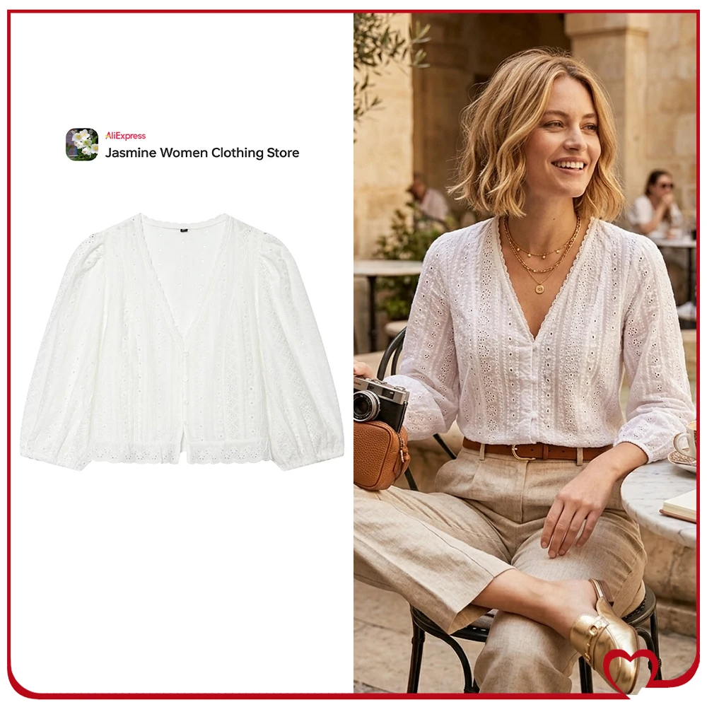 

Elegant Chic Embroidered Eyelet Blouse with Lace Trim New in Stylish V-neckline Long Balloon Sleeve Women Shirt with Ruffled Hem