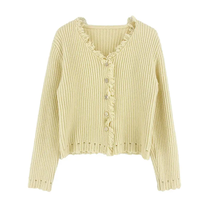 Casual Tassel Knitted Cardigan 2024 Autumn Winter V-Neck Single-breasted Women\'s Clothing Solid Color Loose Long Sleeve Sweaters