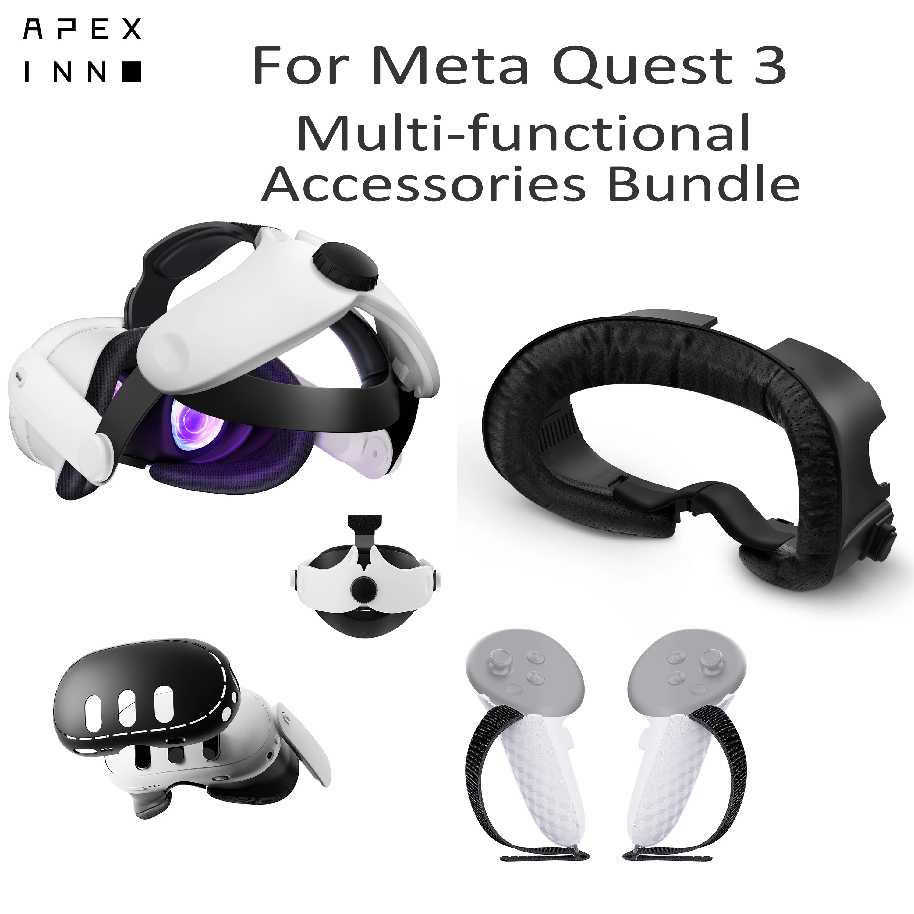 

APEXINNO For Meta Quest 3 VR Facial Interface battery strap Head Strap Shell Cover Case 4-in-1 set For Quest 3 VR Accessories