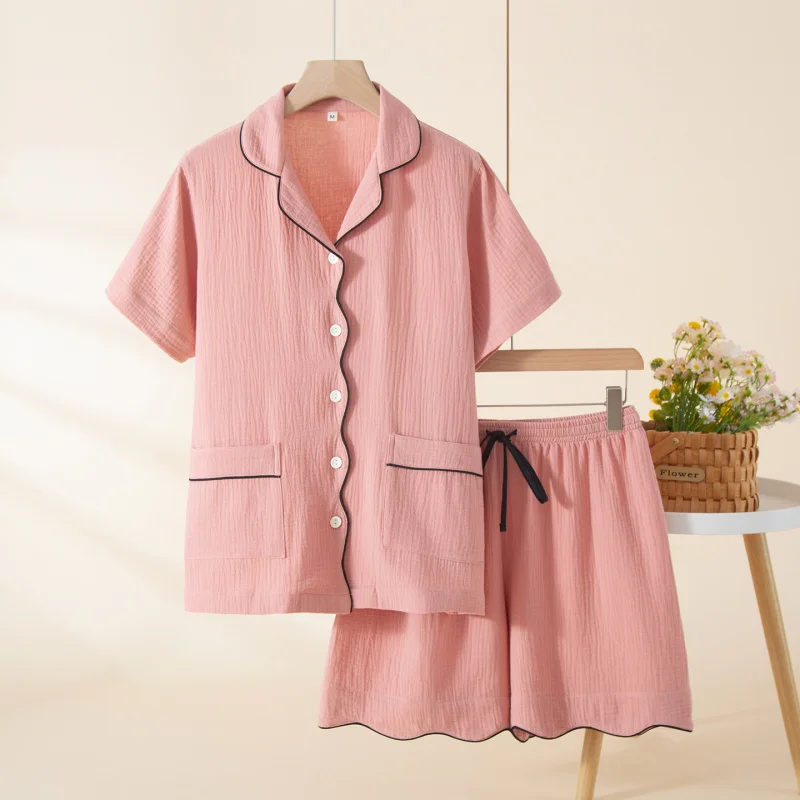 2pcs Women's Pajama Set Casual Simple Style 100% Cotton Crepe Lapel Collar Short Sleeve Shorts Soft Breathable Loose Wearable Ou