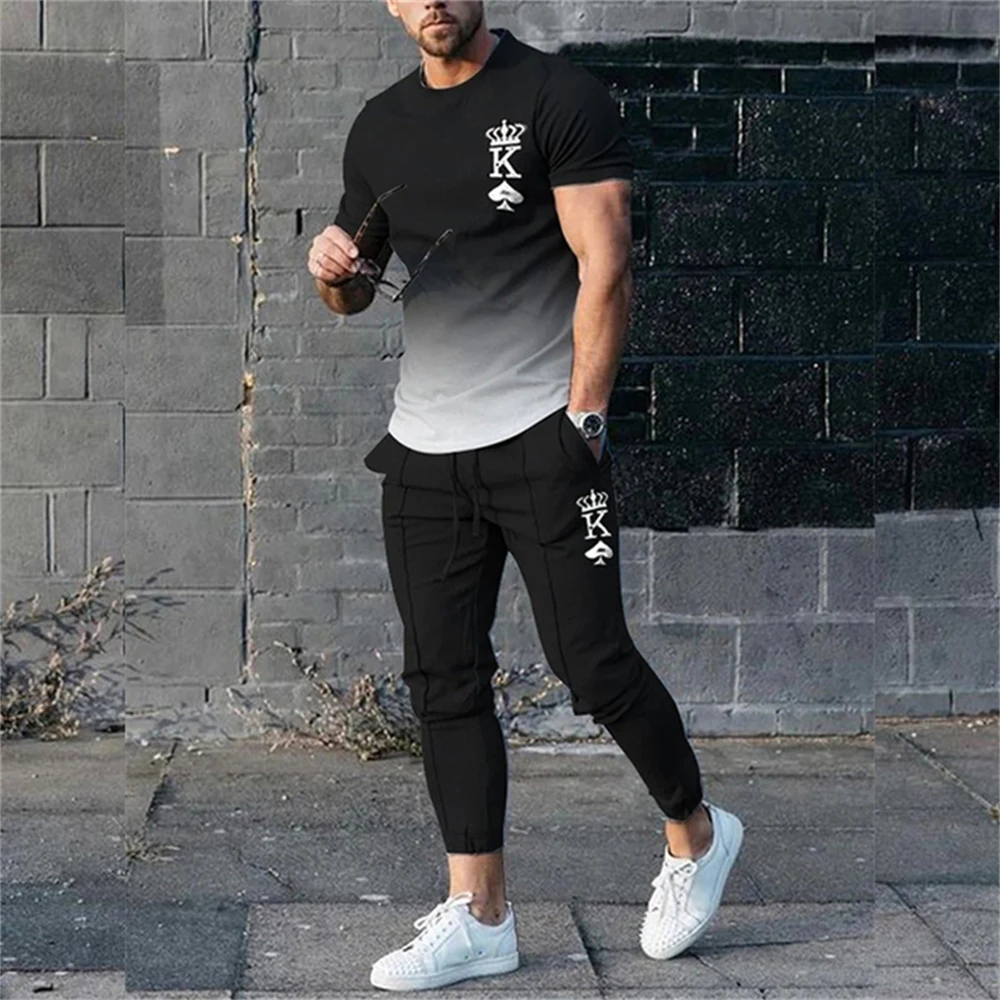 Men Summer T Shirt Pants 2 Piece Sets Print T-shirts Trousers Sportswear Suits Fashion Sweatpants Tracksuits Outfits Men Clothes