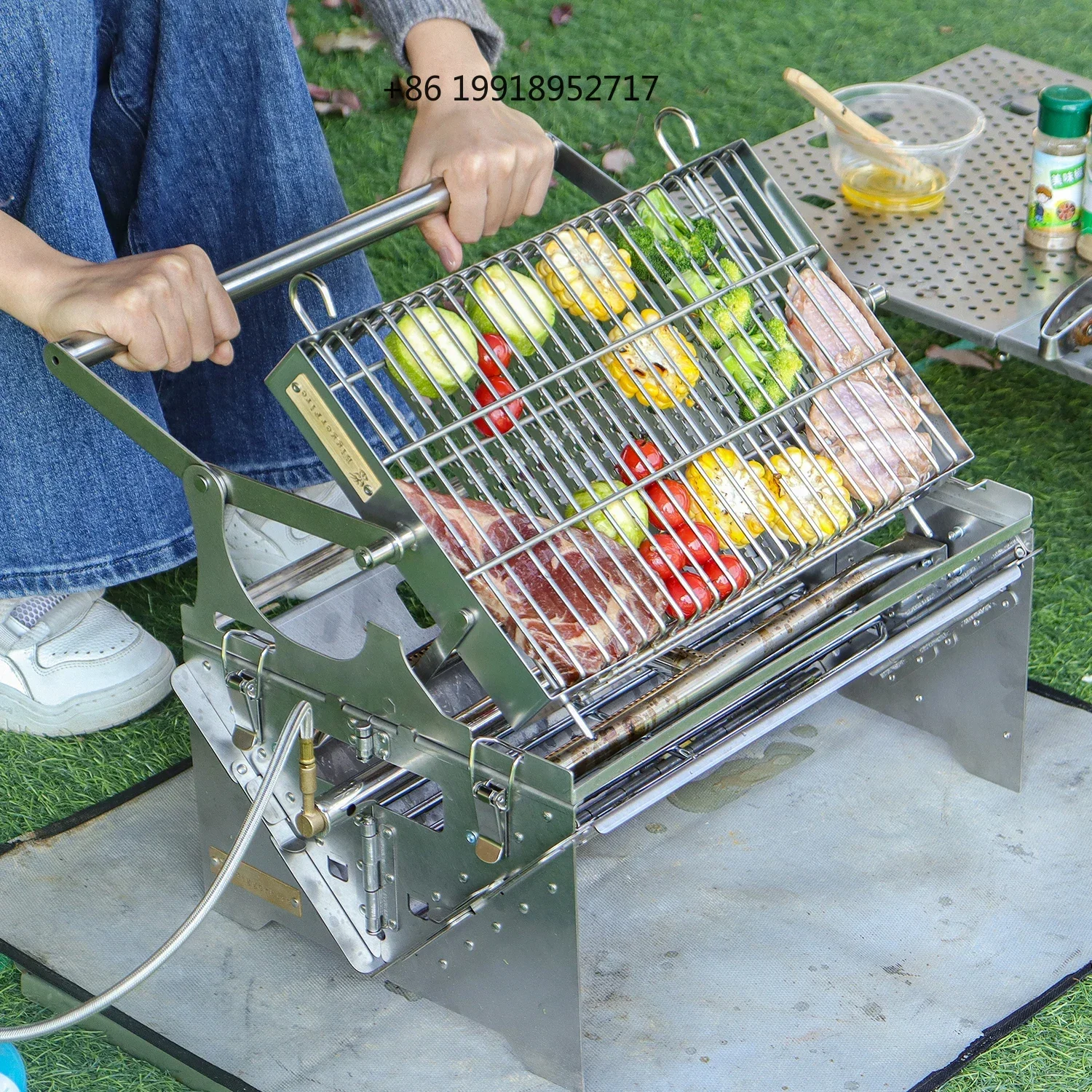 360° Camping Rotatable Grill, Dual-Fuel Charcoal And Gas Stove for Outdoor Yard Cooking BBQ (With Hose), Storage Bag JJ102