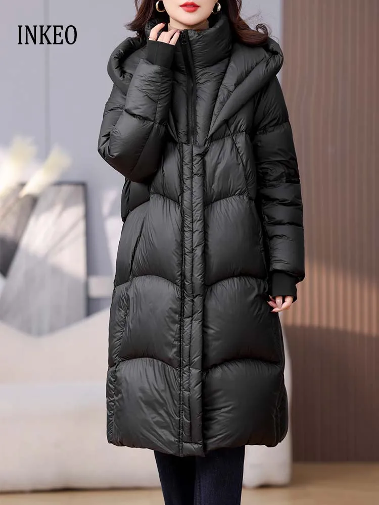 

Luxury long down jacket with hooded Women's Solid color 2024 Winter Warm Fluffy puffer coat oversize Lady parkas INKEO DJ038