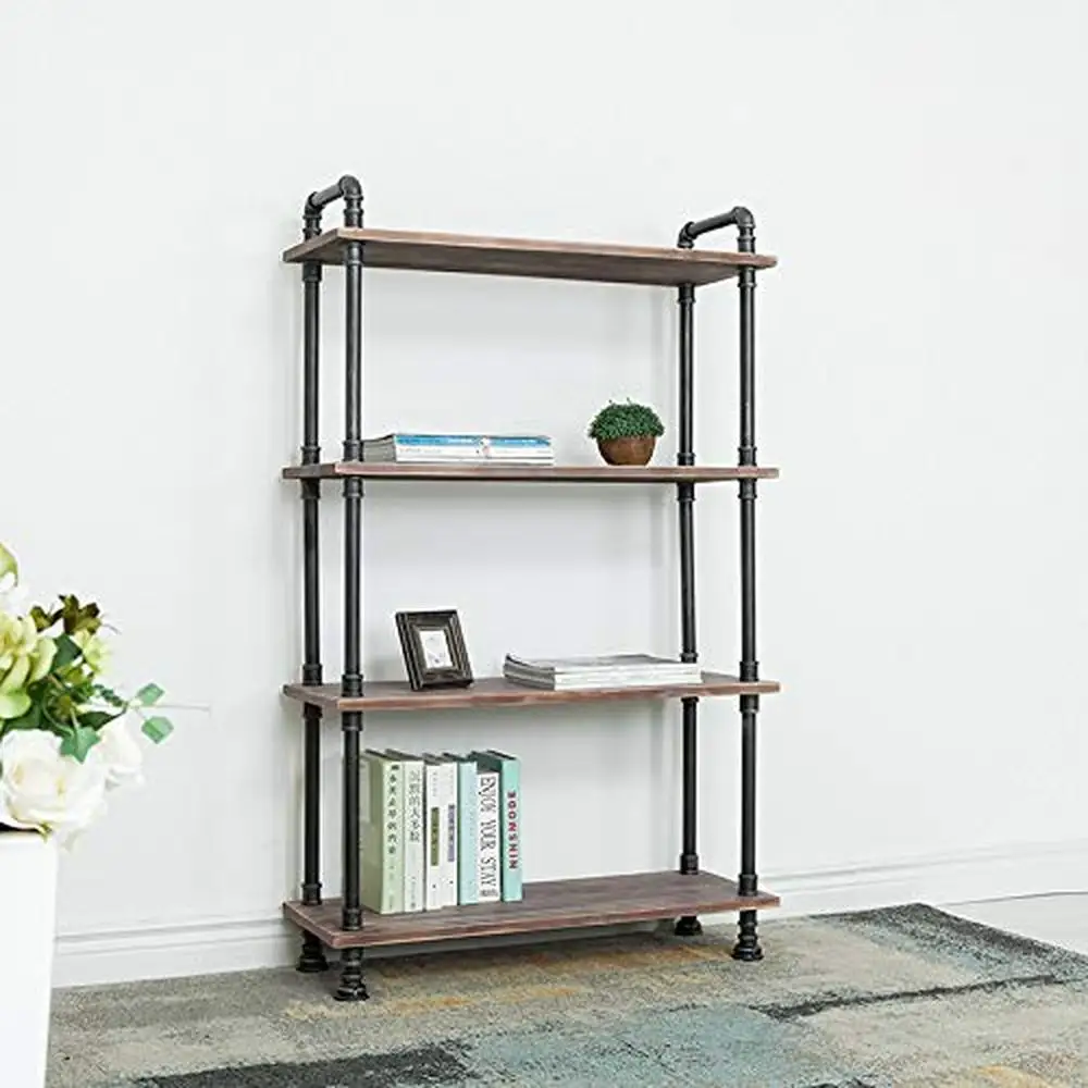 Industrial Pipe and Solid Wood 4-Layer Bookcase Rustic Modern Style Open Wood Shelves Multi-functional End Table Durable 55"H x