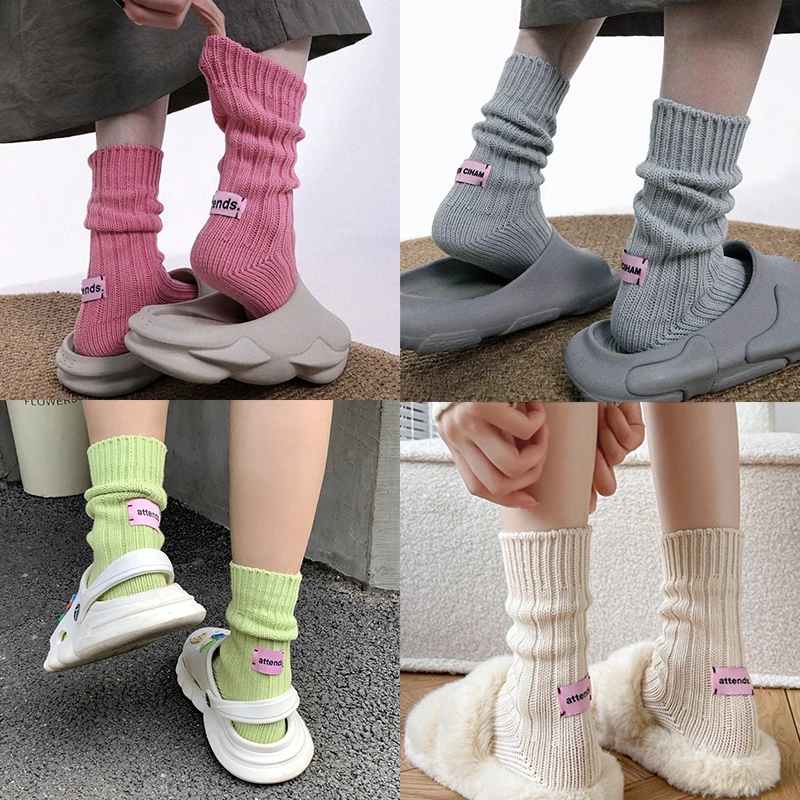 Korean Needle Thick Thread Knitted Middle Tube Socks Cotton Japanese Simple Label Men Women Couples Sports Stacked Socks