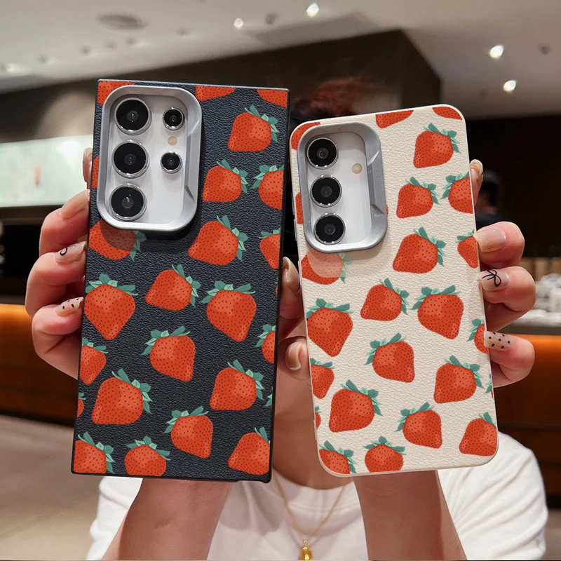 Strawberry Fruit Case For Samsung Galaxy S24 S23 S22 Ultra S21 S20 FE A16 A14 A34 A15 A25 A35 A52 A53 A54 A55 5G Leather Texture